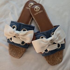 Sam & Libby Blue and White Bow Slide Sandals
